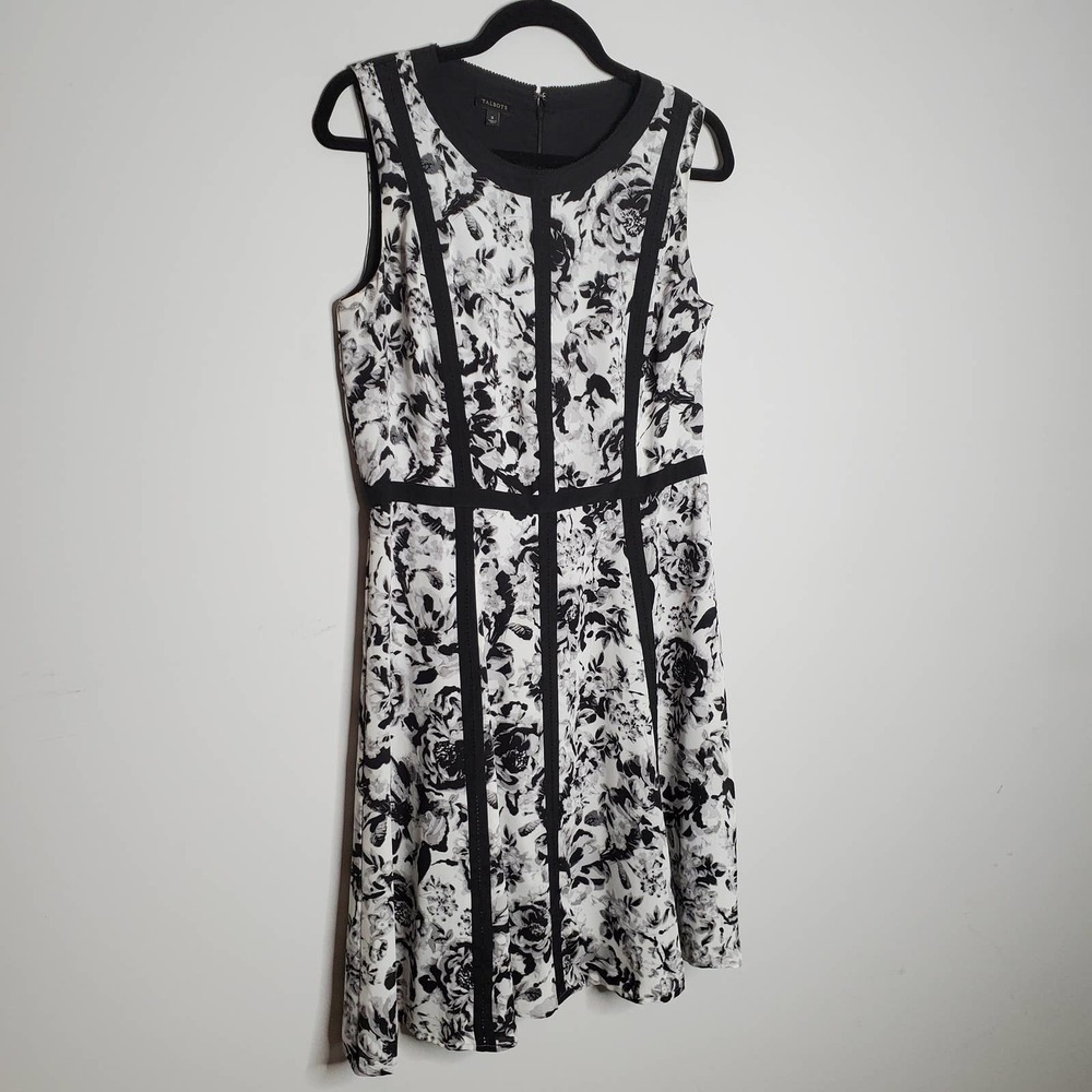 TALBOTS Black White Floral Print Sleeveless Back Zip A-Line Dress Sz 8 - Picture 2 of 6